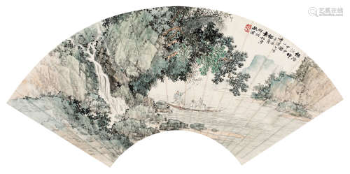 袁松年（1896～1966） 1944年作 绿荫泛棹 扇面 设色纸本