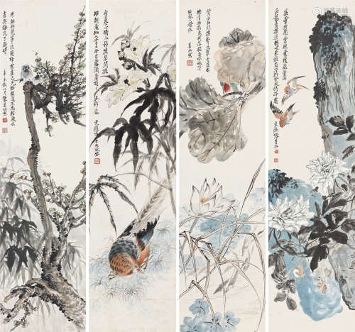 张善孖（1882～1940） 四时花鸟 四条屏 设色纸本