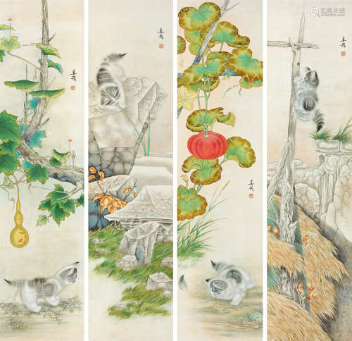 米春茂（b.1938） 猫趣 四条屏 设色纸本