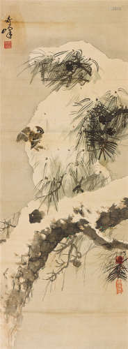 高奇峰（1889～1933） 雪松寒雀 立轴 设色绢本