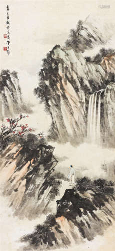 黄君璧（1898～1991） 1941年作 秋山观瀑 立轴 设色纸本