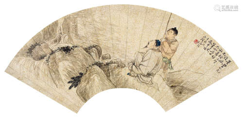 任颐（1840～1896） 1879年作 观瀑图 扇面 设色洒金笺