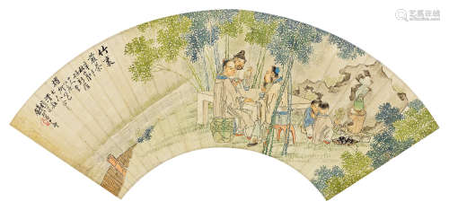 钱慧安（1833～1911） 1891年作 竹里煎茶 扇面 设色纸本