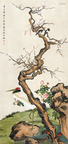 马家桐（1865～1937） 梅鹤双喜 立轴 设色纸本