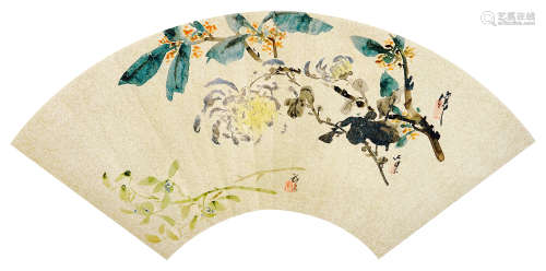 吴让之（1799～1870）  王素（1794～1877）  汤禄名（1804～1874） 花卉 扇面 设色纸本