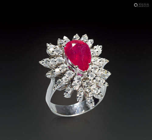 1950年作品 白金镶红宝石钻石戒指