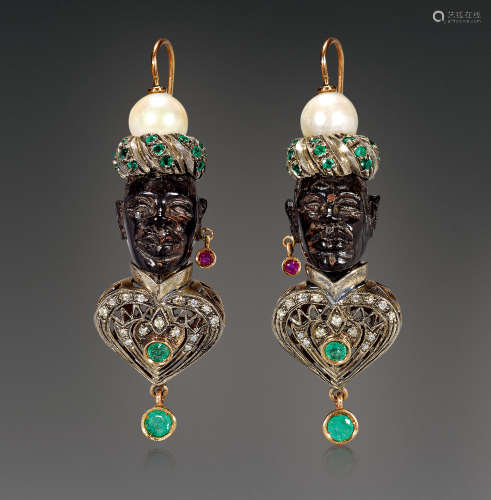 1880年作品 玛瑙非洲王子镶祖母绿珍珠钻石耳环 （一对）