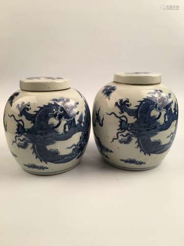 A Pair Chinese Qing Blue and White Dragon Porcelain Jar