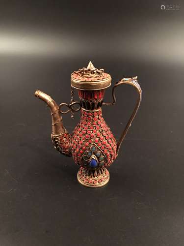 Fine Old Wine Pot with Red Coral and Turquoise