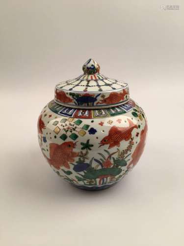 Chinese Ming Wucai Porcelain Jar with Fish