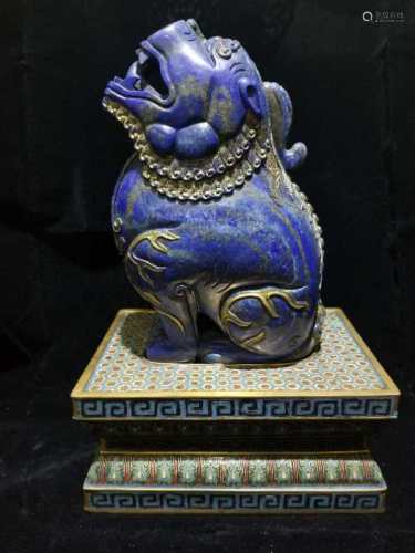 Chinese Lapis Carved Beast w Cloissons Base