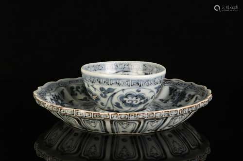 Chinese Blue/White Porcelain Set Cup and Dish