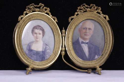 Two Miniature Portrait w/ Gilt Bronze Frame