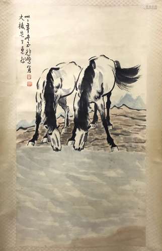 Chinese Ink Scroll Painting, Horses, Signed