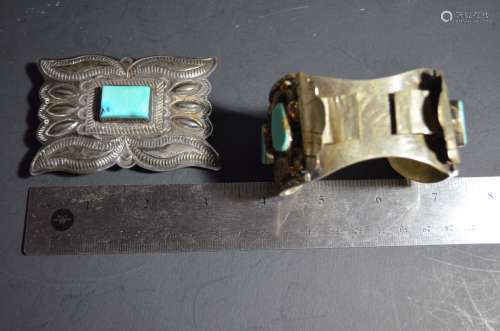 2 Pieces of Chinese Inlaid Turquoise Belt Buckle