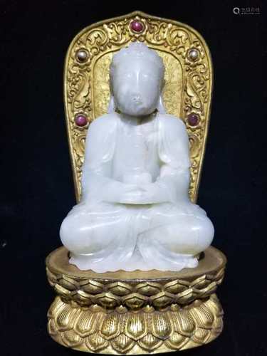 Chinese White Jade Carved Seating Buddha w Base