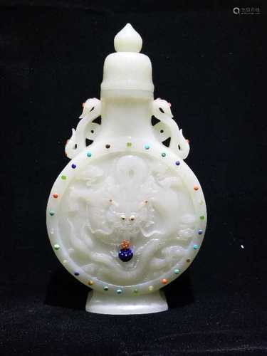 Chinese White Jade Vase w Coral&Lapis&Turquoise