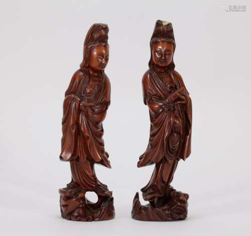 Pair of Chinese Boxwood Carved Beauty