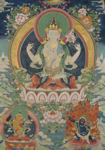 Tibetan Thangka of 4 Arm Guanyin