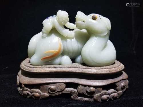 Chinese White Jade Carved Cowboy Ride on Beast