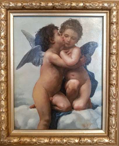 Antique oil painting of the Kissing Angels.