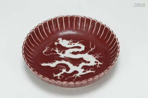 Chinese Red Porcelain Plate Depicted Dragon