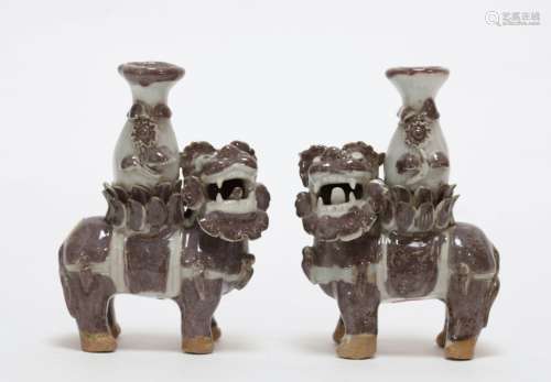 Pair of Chinese Copper Red Lion as Candle Holder