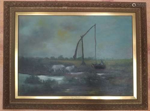 Antique oil on canvas of the deers by the lake.sig