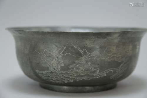 Late Qing Antique Big Chinese Pewter Bowl