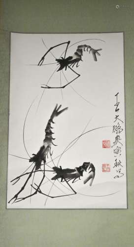 Chinese Ink/Color Painting of Shrimp, Signed