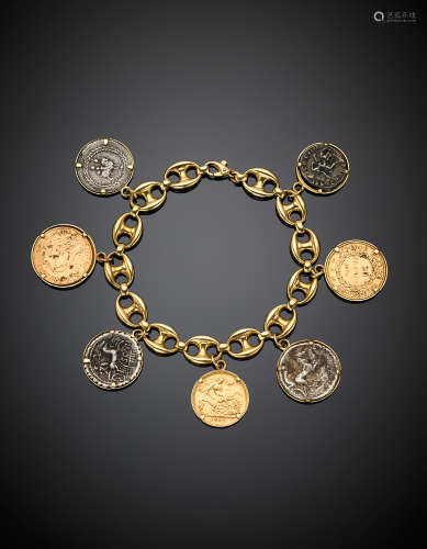 Yellow gold marine chain bracelet with coin charms, g 58.70, length cm 20.50 circa.