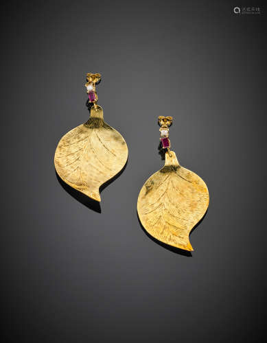 Yellow gold pendant leaf earrings accented with diamonds and rubies, g 14.48.