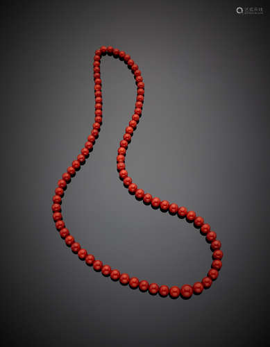 Single-strand necklace of graduated red coral beads from mm 9.61 to mm 5.53, g 37.80, length cm 56 circa.