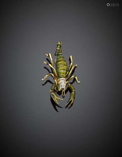 Yellow gold enamel and diamond accented scorpion brooch, g 36.25, length cm 7 circa. Marked AL 39