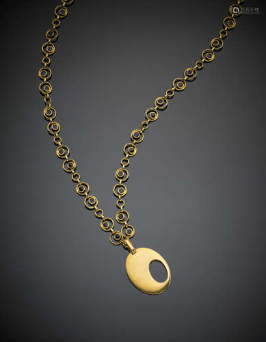 Long yellow gold chain and pendant accented with blue enamel, g 91.3, length cm 94 circa.