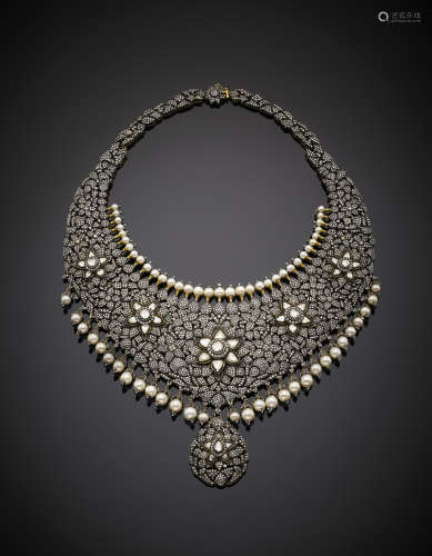 9K yellow gold and silver round, huit huit, flat and fancy cut diamond floral necklace accented with pearls, g 228.10, length cm 43.00, h cm 12.50 circa. (losses)