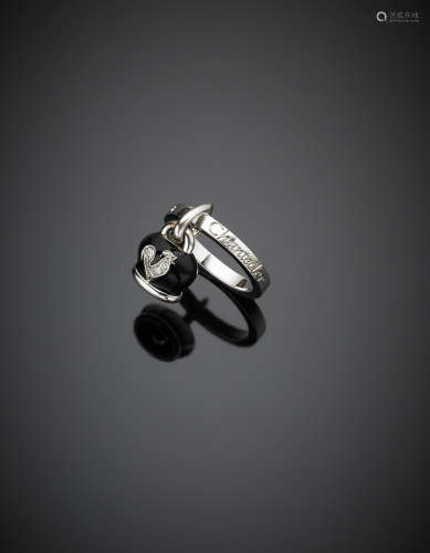 CHANTECLERWhite gold diamond and black enamel bell charm ring, g 8.50 size 13.50/53.50. In original case
