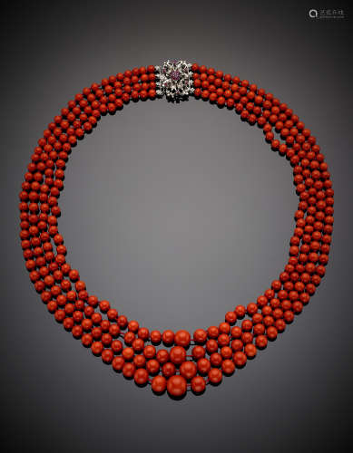 Four strand red-orange coral necklace with white gold small ruby clasp, g 160.49, length cm 60 circa.