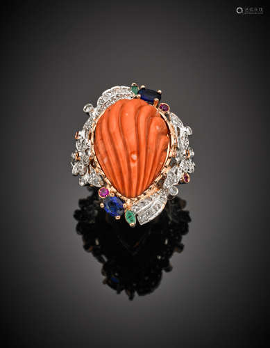 Pink 9K gold and silver carved pink orange coral ring, accented with diamonds, rubies, sapphires and emeralds, g 22.10 size 18/58.