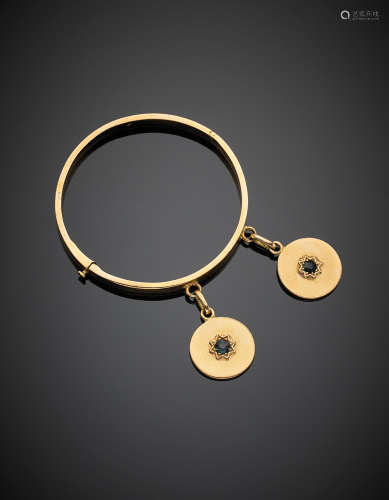 Yellow gold adjustable cuff bracelet with two medal charms centered by blue vitreous paste, g 48.10, diam. cm 5.9.