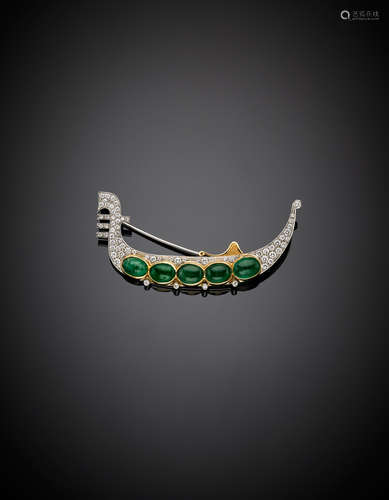 *MISSIAGLIABi-coloured gold, diamond and cabochon emerald gondola brooch, emerald in all ct.5,80 circa, g 10.10, length cm 6 circa.