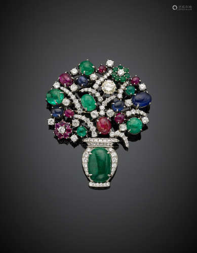 White gold diamond, cabochon and faceted emerald, ruby and sapphire flower vase, g 46.60, length cm 7.20, width cm 5.80 circa.