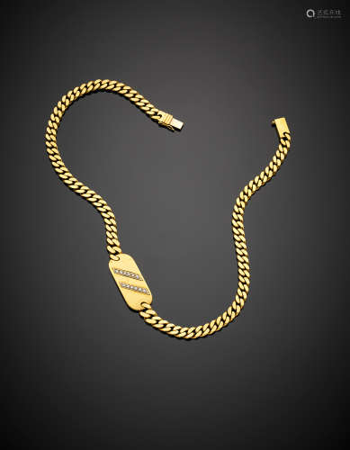 Yellow gold gourmette chain necklace centered by a diamond accented oval plate, g 62.06, length cm 38.50 circa.