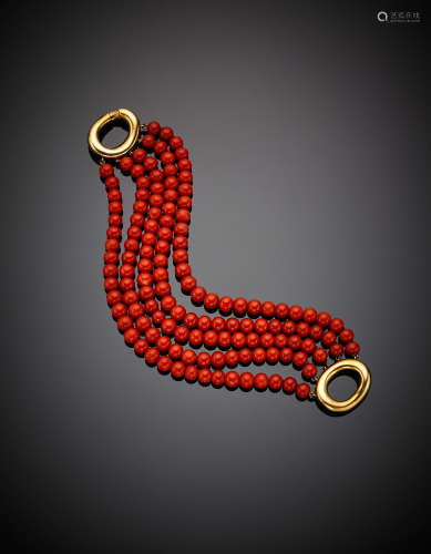 Five strand red coral mm 6.50 bead bracelet with yellow gold clasp, g 60.05, length cm 19 circa.(defects)