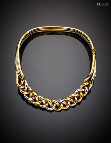*MICHELETTOBi-coloured gold rigid necklace with a woven pattern in the front, g 61.86, diam. cm 11.40.