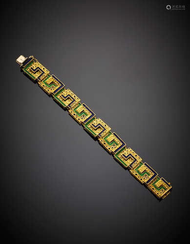 UNOAERREYellow gold green and blue enamel modular bracelet, g 47.06, length cm 17, h cm 1.50 circa. Signed UNOAERREInscribed Brev.