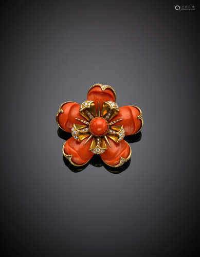 *MISSIAGLIAYellow gold orange coral ten petal flower brooch, diamond details, g 33.83, length  cm 4.50 circa.