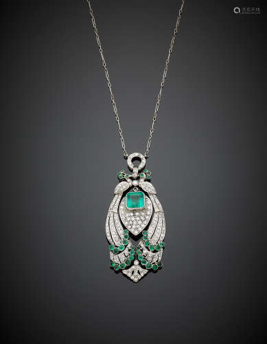 Platinum diamond and ct.3 circa emerald Art Nouveau pendant with chain. g 17.80. Pendant length cm 7