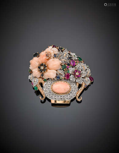 Pink 9K gold and silver, diamond, ruby, sapphire and emerald flower bowl brooch, g 77.50, width cm 8 circa.