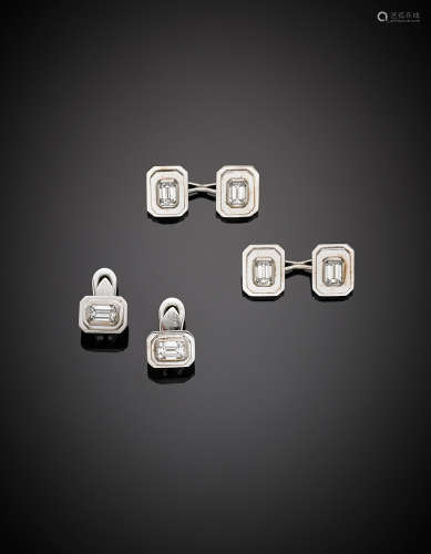 White gold step cut diamond cufflinks and tux buttons, in all ct.2,70 circa, g 16.14.